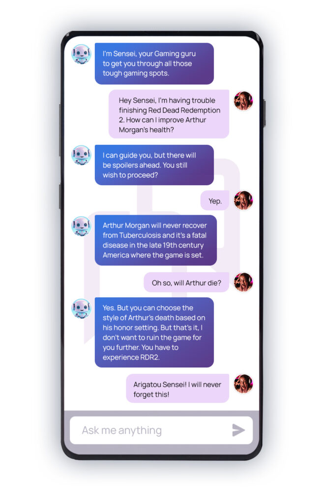 Conversation between sensei chat bot and human