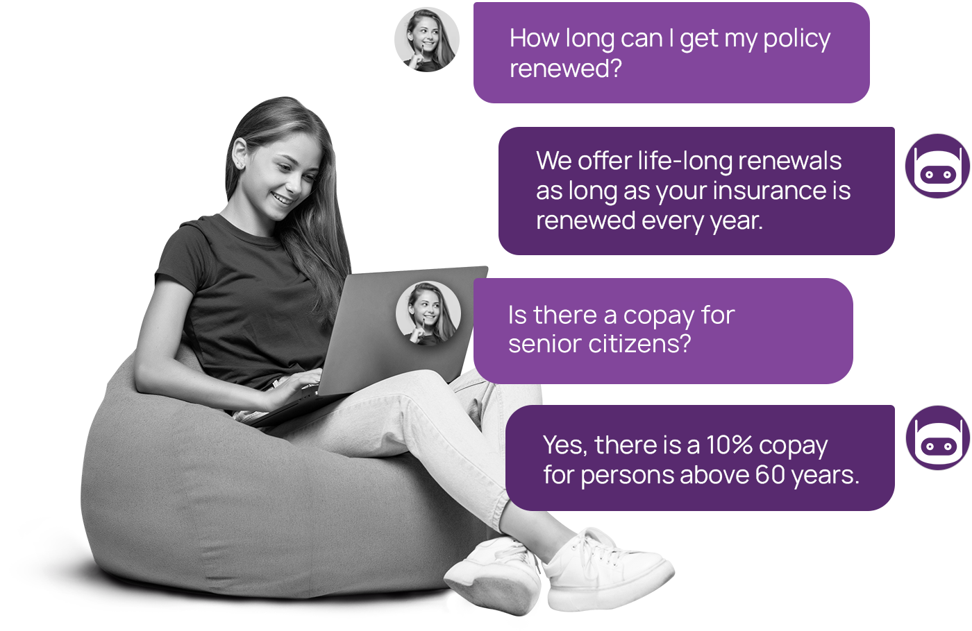 A woman conversing with conversational AI while lounging in a beanbag. A sample conversation between a woman and conversational AI.