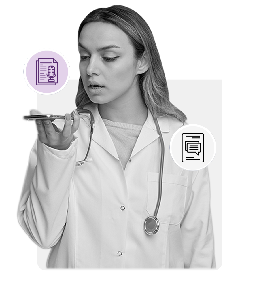 A woman in a white lab coat holding a smartphone for smart transcription.
