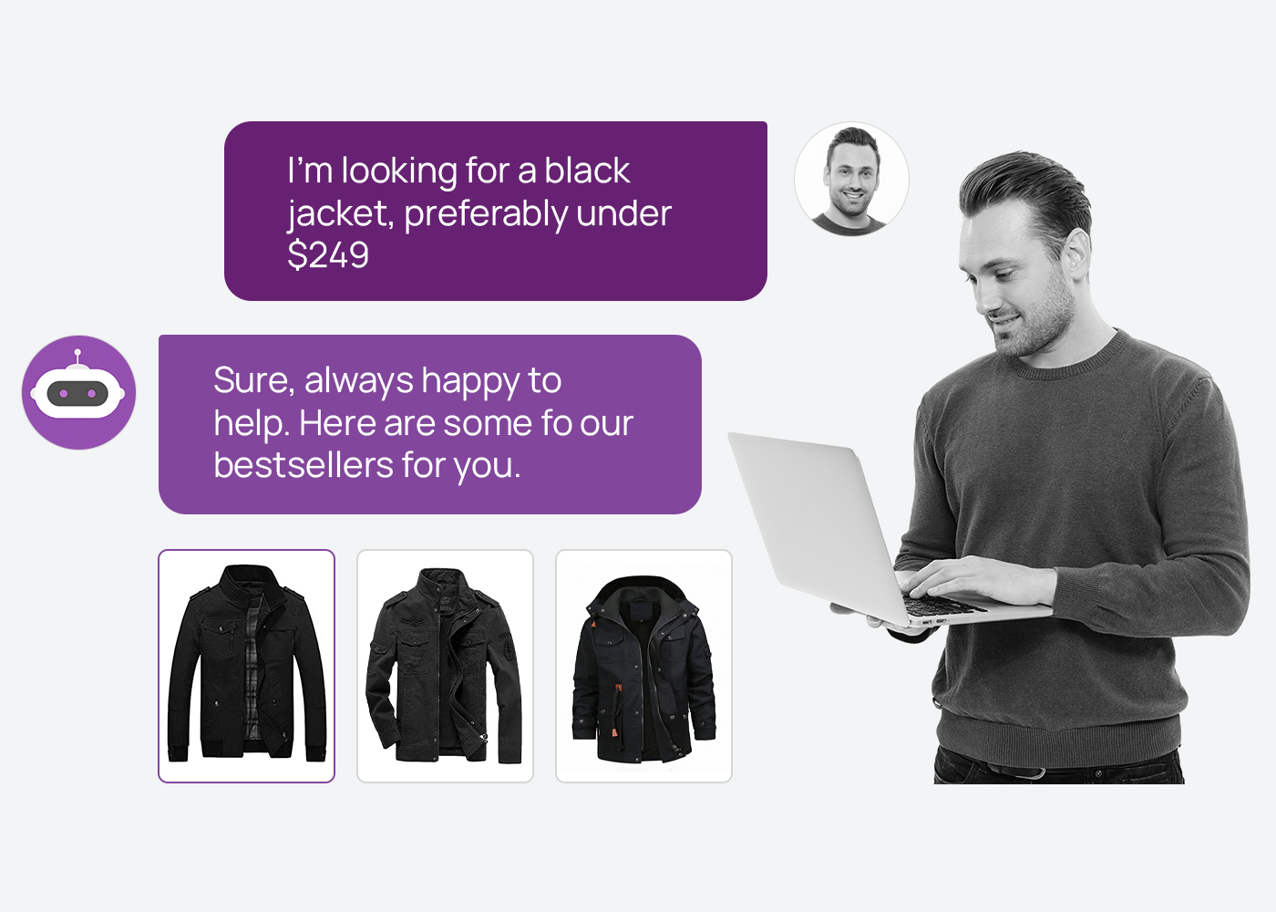 Conversational AI helping a man search for a black jacket on his laptop.
